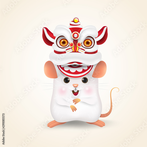 Little Rat or Mouse performs Chinese New Year Lion Dance. Isolated. © ABC Vector