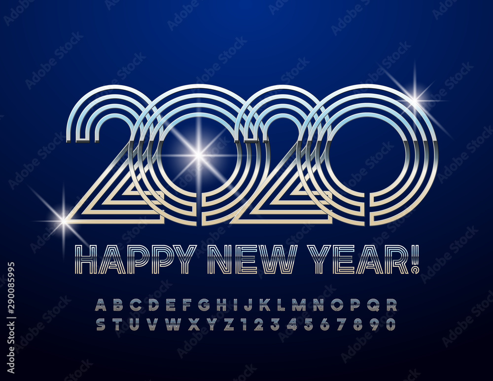 Vector original Happy New Year 2020 Greeting Card. Chic Alphabet Letters and Numbers. Shiny Silver Font.