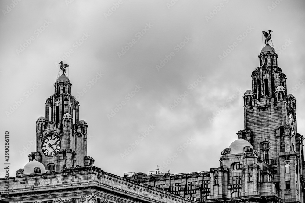 Views of the Royal Liver Building along the shores of Liverpool's waterfront