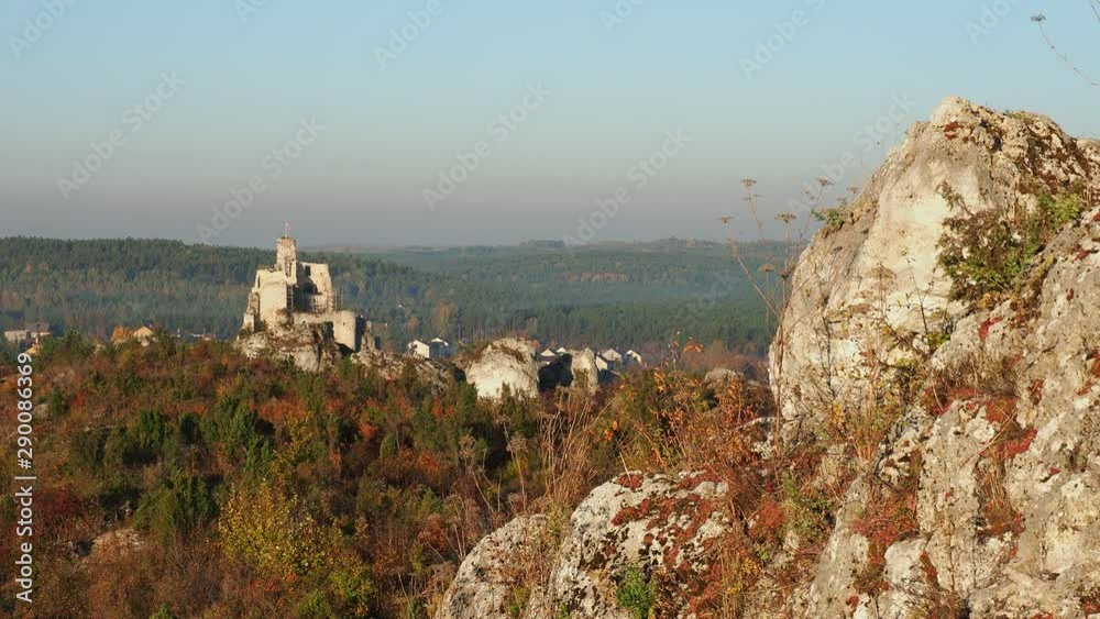 View over Mirow Rocks towards Mirow Castle Ruins, Trail of the Eagles' Nests, Krakow-Czestochowa Upland or Polish Jurassic Highland, Silesian Voivodeship, Poland