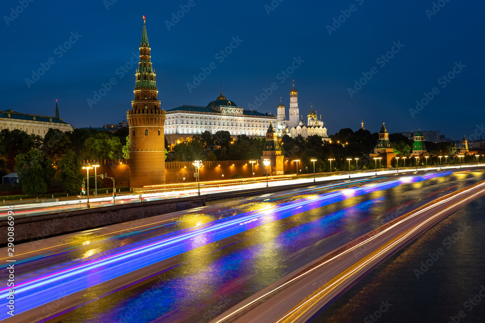 Russia. Moscow. The concept is speed in Moscow. Highway. Long exposure. Kremlin in Moscow. Highways in Russia. Grand Kremlin Palace at night. Blagoveshchensky cathedral. Trips around Russia.