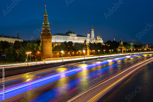 Russia. Moscow. The concept is speed in Moscow. Highway. Long exposure. Kremlin in Moscow. Highways in Russia. Grand Kremlin Palace at night. Blagoveshchensky cathedral. Trips around Russia.