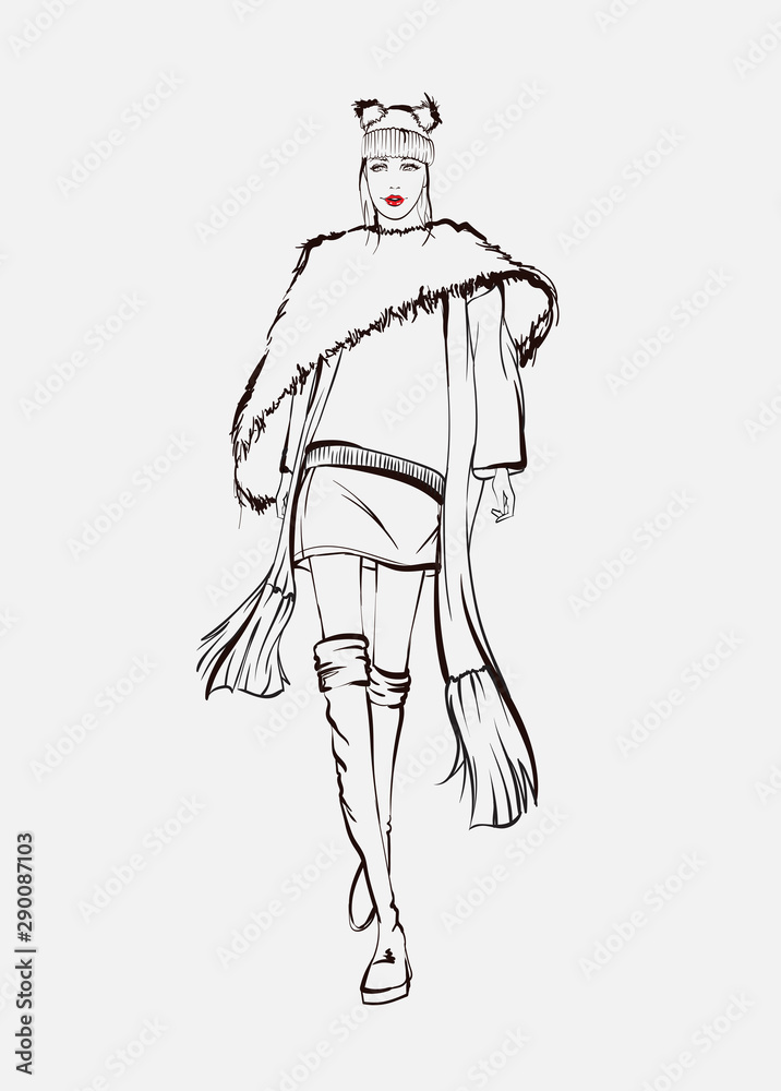 Beautiful young women. Hand drawn fashion girls of black lines on white background. Fashion model posing. Sketch. Vector illustration.
