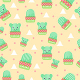 Vector seamless adorable cactus pattern. Cartoon cacti with child style drawn faces, smiling, in pots.