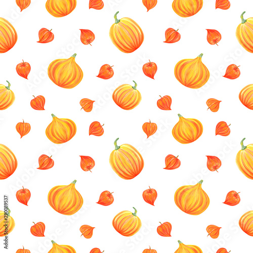Seamless pattern with pumpkin and orange elements    physalis on a white background.  Hand painted in watercolor. © Evgeniia