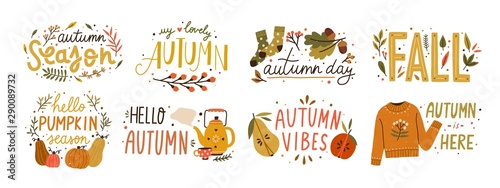 Autumn hand drawn lettering vector set. Fall season handwritten slogan stickers pack. Autumn phrases with cute and cozy design elements decorative bundle. Fall inscription collection isolated on white photo