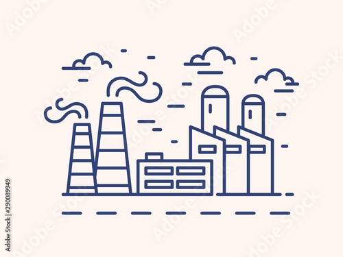 Factory outline vector illustration. Blue linear urban landscape isolated on white background. Industrial buildings monocolor line art signs. Chemical manufacture with chimney contour symbol.