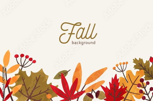 Fall hand drawn vector background. Autumn decorative illustration with leaves and place for text. Orange and red foliage drawing in flat style. Fall season backdrop with forest leafage and berries.