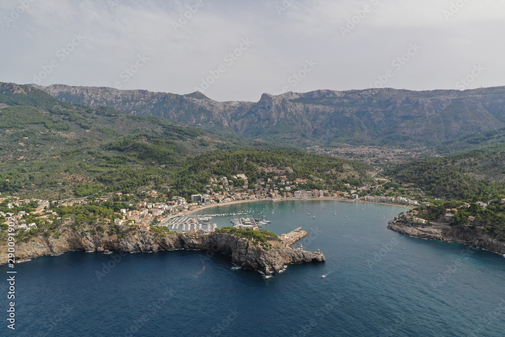 port soller mallorca island mountain sea ocean colours green famous places sunset panoramic view landscape wallpaper  aerial, photography yatch, luxury port mediterranean mountain drone 