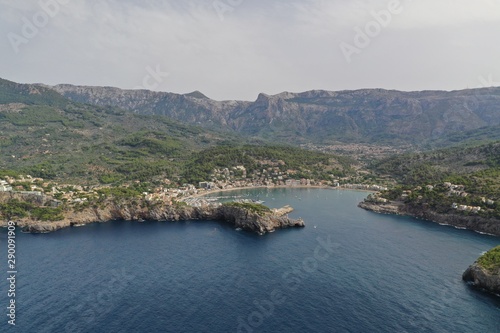port soller mallorca island mountain sea ocean colours green famous places sunset panoramic view landscape wallpaper aerial, photography yatch, luxury port mediterranean mountain drone 