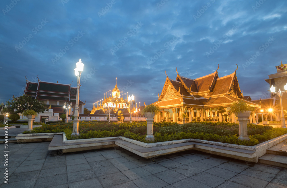 Naklejka premium Cityscape Wat Ratchanatdaram Temple the beautiful golden castle or pagoda Bangkok, Thailand