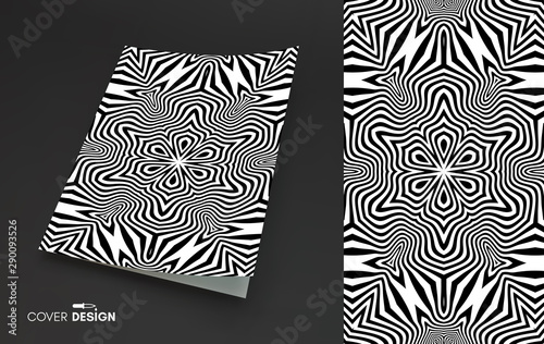 Cover design template. Black and white pattern with optical illusion. Applicable for placards, banners, book covers, brochures, planners or notebooks. 3d vector illustration. © Login