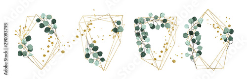 Wedding floral golden geometric triangular frame with silver dollar eucalyptus greenery leaves floral branches isolated on white background. Botanical vector illustration invitation card save the date