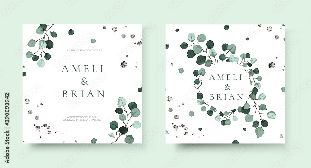 Wedding invitation card with silver dollar eucalyptus greenery leaves floral branches minimalist save the date design wreath and frame. Botanical mint green foliage plant rustic vector illustration - obrazy, fototapety, plakaty 