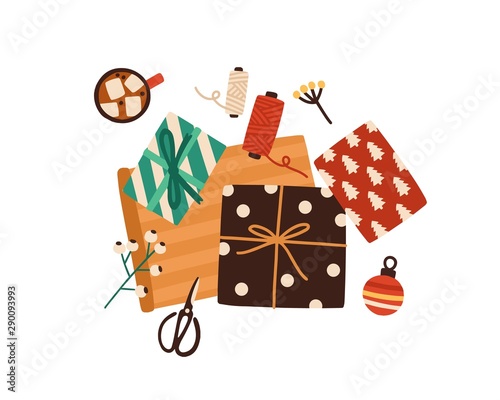 Christmas presents wrapping process top view illustration. Winter holiday surprises packaging flat lay. Craft paper and gift box isolated design element. Xmas and New Year celebration preparation.