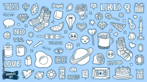 Patch badges set. Doodle sketch vector. Comic stickers. Social media emoji. Pop art. Cute and funny doodles. College fashionable pins.