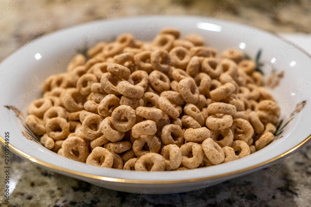 A breakfast of Toasted Round Cereal in China Bowl A breakfast of Toasted Round Cereal in China Bowl