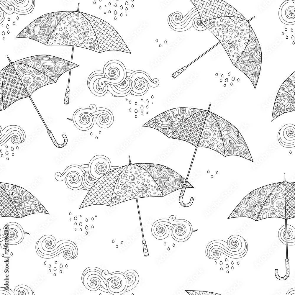 Seamless pattern with Umbrella in Zentangle inspired doodle style