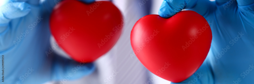Surgeon in blue gloves showing two red toy hearts