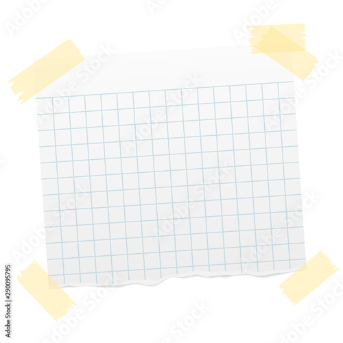 torn piece of quad-ruled paper with transparent sticky tape at corners and shadow vector illustration