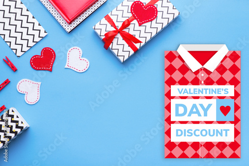 Person holding a present for Saint Valentine's day in his hands. Beautiful colorful background to st. Valentine day. Greeting card with red hearts. Wedding's invitation. Love expression photo