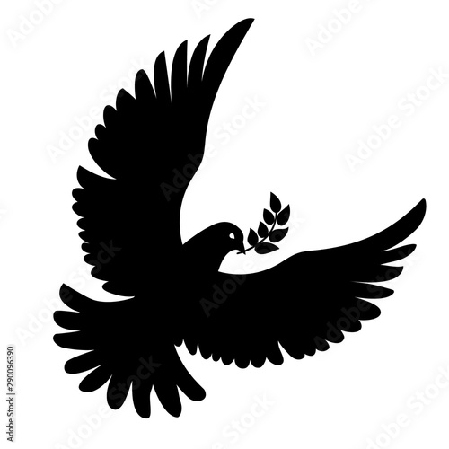 Vector flying dove with olive branch black silhouettes on white background. Peace concept. .