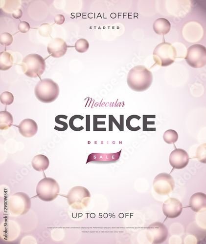 Science abstract vector vertical design with DNA molecular structure. Soft pink color 3d molecules luxury illustration, scientific flyer for medicine, biology, cosmetics template