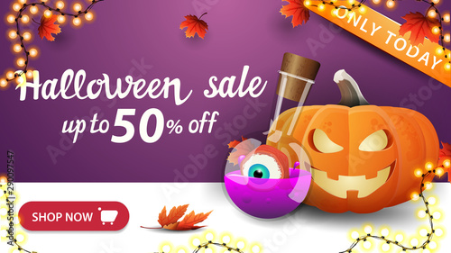 Halloween sale, up to 50% off, simple banner with pumpkin Jack and witch's potion