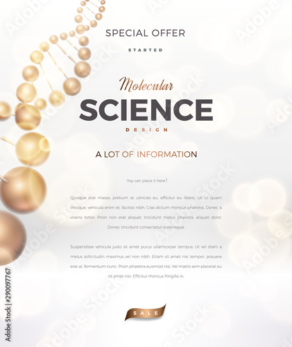 Science abstract vector vertical design with DNA molecular structure. Soft pink color 3d molecules luxury illustration, scientific flyer for medicine, biology, cosmetics template