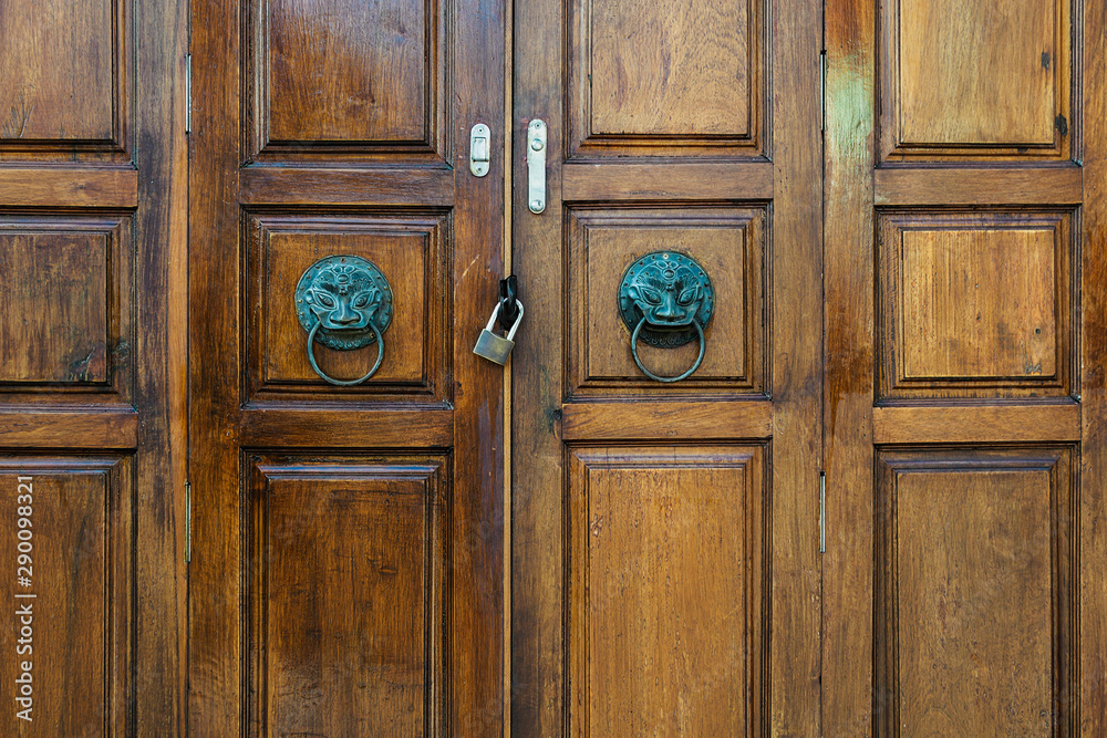 An antique metal handle with a lion on an old brown wooden door An antique metal handle with a lion on an old brown wooden door