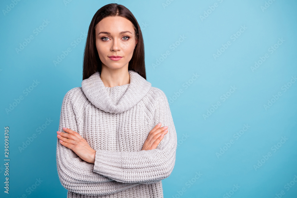 Portrait of focused charming woman ready to solve company questions real chief wear fashionable white pullover isolated over blue color background Portrait of focused charming woman ready to solve company questions real chief wear fashionable white pullover isolated over blue color background