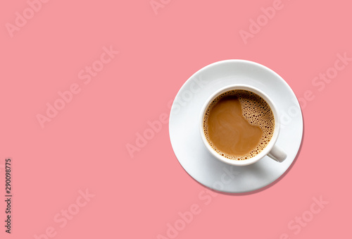 Top view of Hot espresso and coffee on isolate pink background