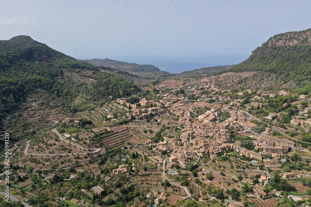 valldemosa village drone aerial photography famous places mallorca island vacations luxury mountains landscape aerial view panoramic mediterranean relaxing beautiful 