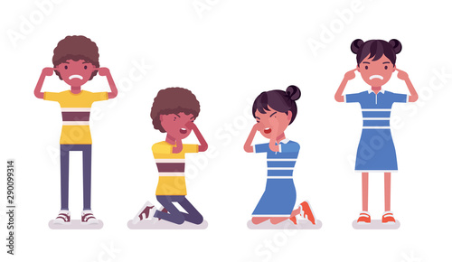 Black boy, girl child 7 to 9 years old, negative mood school age. Unhappy angry kid crying, feeling hurt and upset with bullying. Vector flat style cartoon illustration isolated on white background