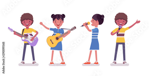 Black boy, girl child 7 to 9 years old, school age kid entertainment. Happy pleasure, delight with singing, guitar playing at party. Vector flat style cartoon illustration isolated, white background