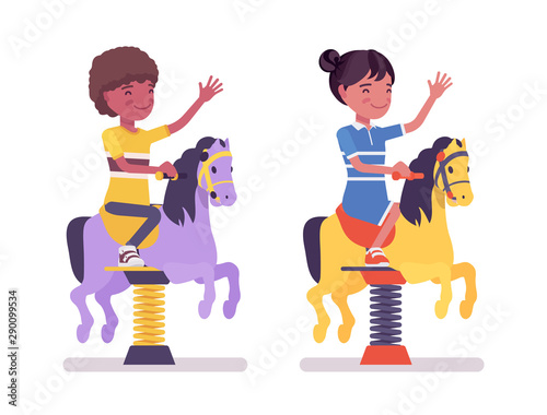 Black boy, girl child 7, 9 yo school age kid at horse spring rider, enjoy bouncy pony fun, entertainment playing on playground. Vector flat style cartoon illustration isolated on white background