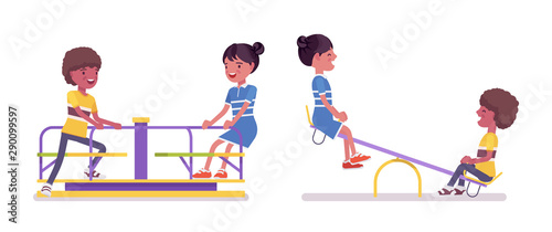 Black boy, girl child 7 to 9 year old on seesaw, carousel. Kids on free time fun in park, garden recreation, home playground activity. Vector flat style cartoon illustration isolated, white background