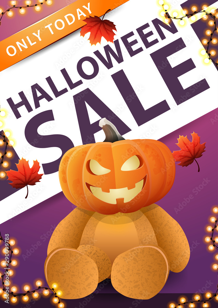 Halloween sale, vertical pink banner with autumn leafs, garland and Teddy bear with Jack pumpkin head