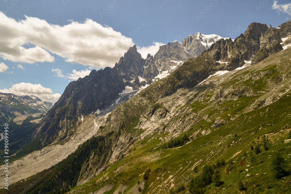 Scenic view of the massif of Mont Blanc with the Aiguille Noire de Peuterey peak in summer, Courmayeur, Aosta Valley, Alps, Italy