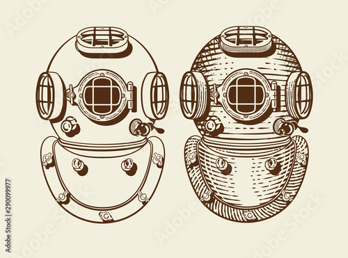 Old style diver helmets with and without engraving style