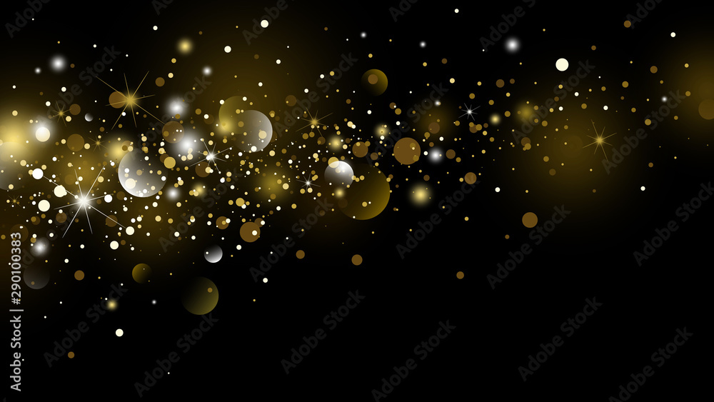 Gold glitter and snow falling with bokeh in the winter on black background for christmas and new year vector illustration - obrazy, fototapety, plakaty 