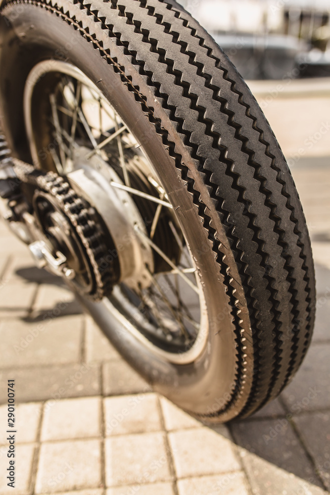 Rear wheel motorcycle chain drive on a homemade motorcycle in a vintage style
