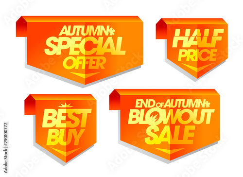 Autumn special offer, best buy, half price, end of autumn blowout sale, autumn sale tags
