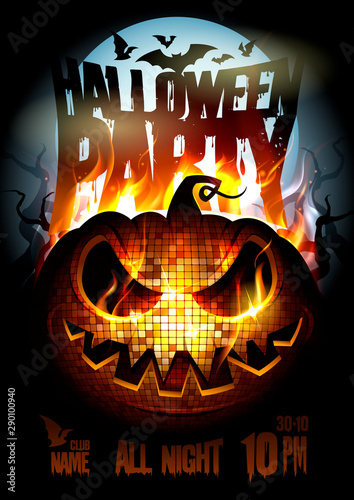 Halloween party poster design with burning in flame pumpkin