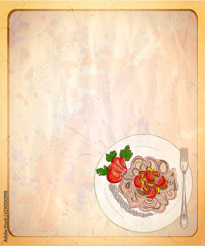 Old paper backdrop with empty place for text and graphic illustration of buckwheat pasta