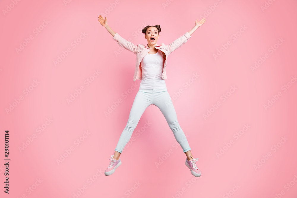 Full length body size view portrait of nice attractive charming lovely sportive slender careless overjoyed cheerful cheery girl having fun star figure isolated over pink pastel background