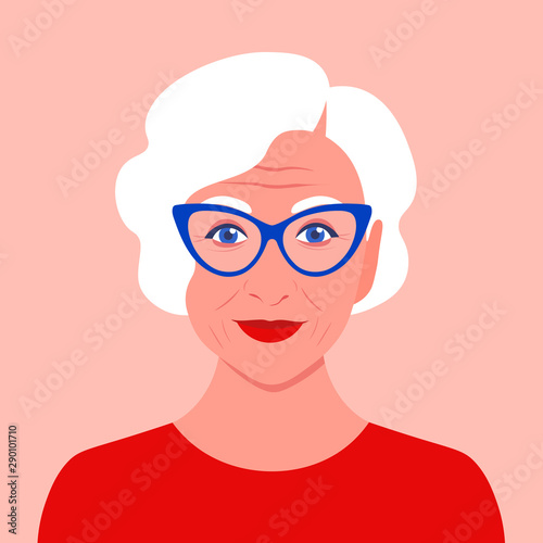 Portrait of an old woman with eyeglasses. Avatar fashionable pensioner. Happy old age. Vector flat illustration