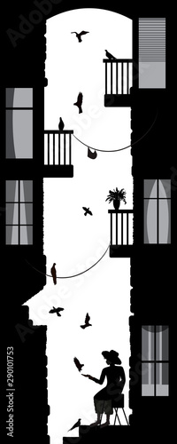 birdman, boy in the city with many pigeon, old city yard scene, black and white memories,