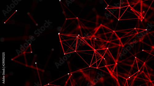 Red abstract polygonal space with connecting dots and lines. Dark background. Connection structure. 3d