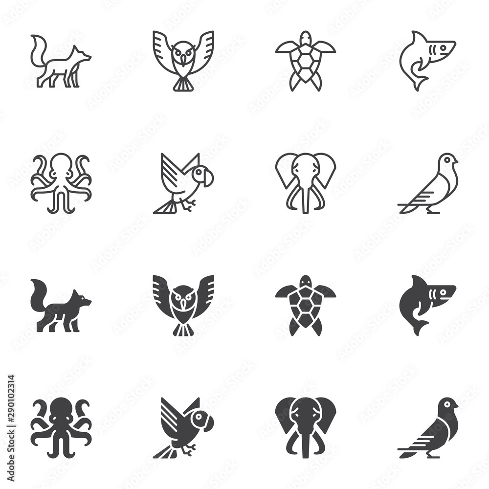Animals icon set, line and glyph version, outline and filled vector sign. linear and full pictogram. Symbol, logo illustration. Set includes icons as fox, turtle, parrot, dove, owl, shark, elephant
